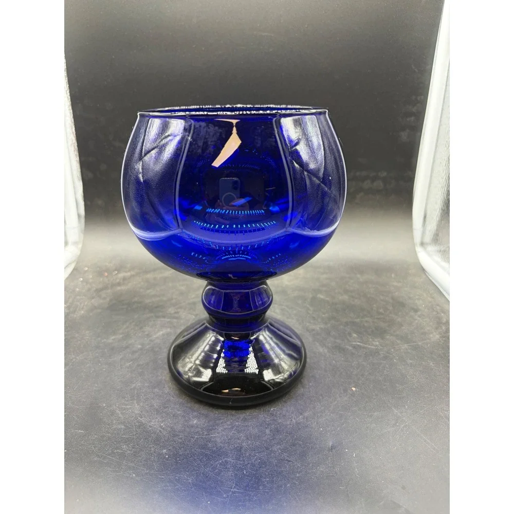 Vintage Cobalt Blue Glass Brandy Snifter Oversized Goblet Pedestal Glassware